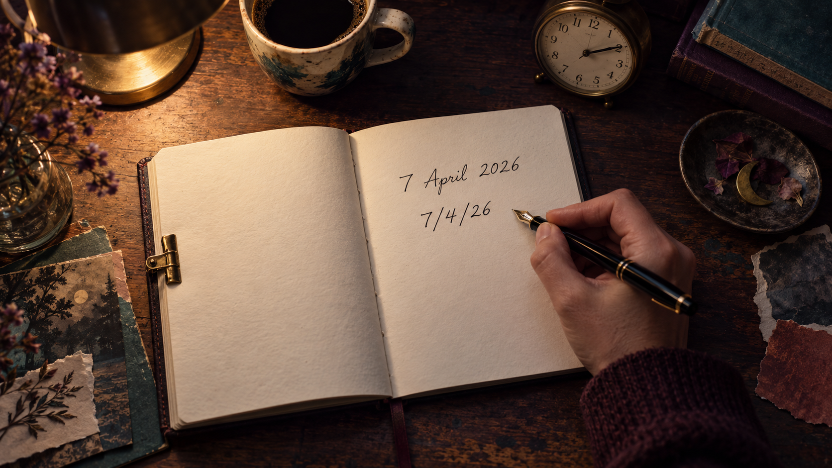An open journal on a lamplit desk showing the dates 7 April 2026 and 7/4/26, with a hand holding a fountain pen