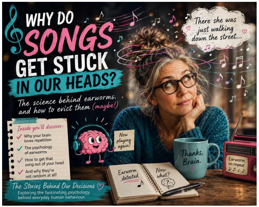 Colourful illustration asking why songs get stuck in our heads, with music swirling around a thoughtful woman