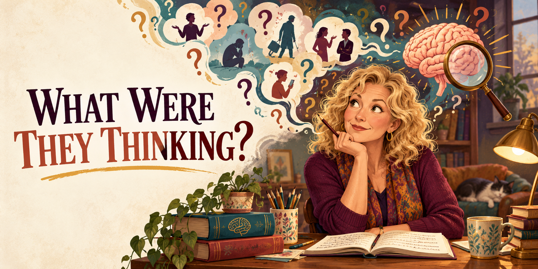 Editorial illustration of a curious woman following question marks towards a brain and magnifying glass