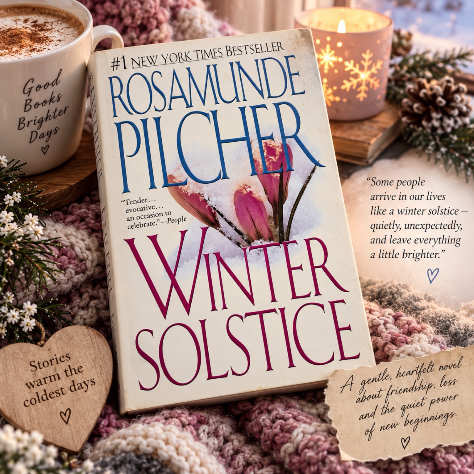 Winter Solstice by Rosamunde Pilcher beside a warm drink, candle, pinecones and knitted blankets